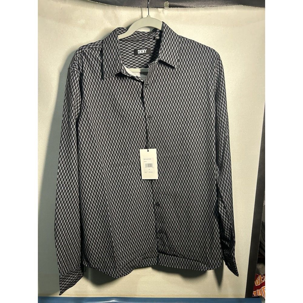 New Mens DKNY Long Sleeve Button Up Shirt Sz M Black Gray Geometric Stretch NWT